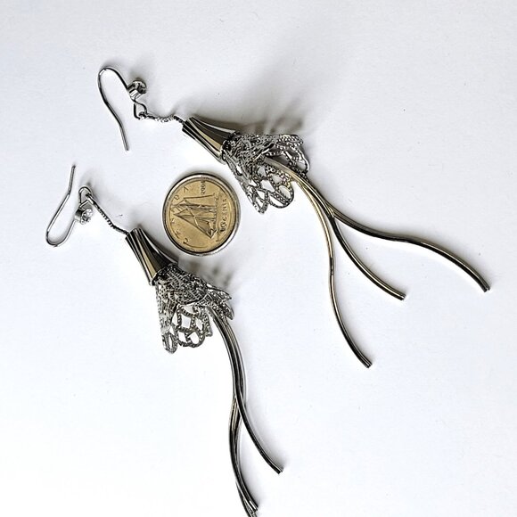 Silver Filigree Dangle Drop Earrings with Long Tassels - Picture 7 of 9